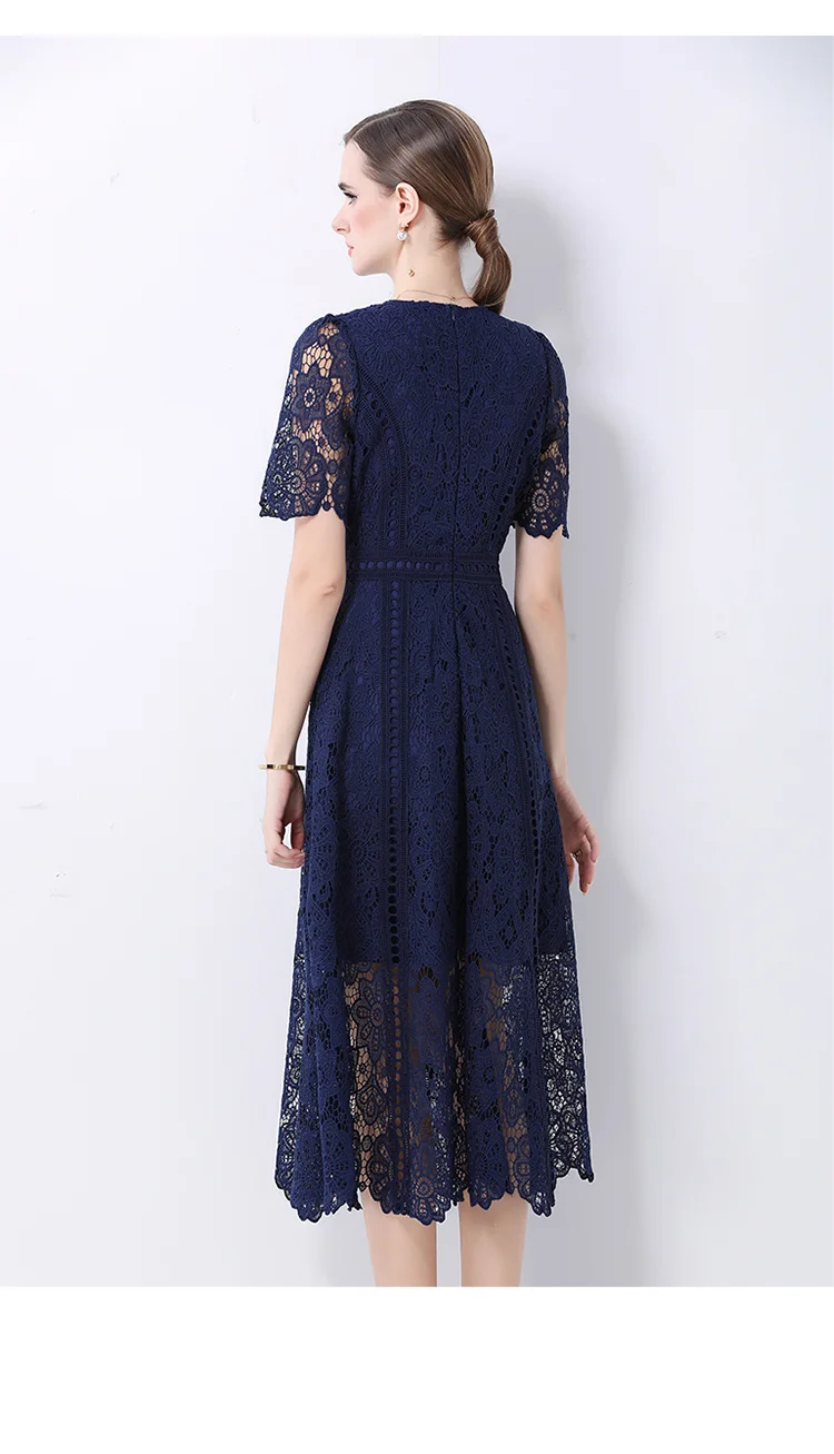 SMTHMA Vintage High-End O-Neck Short Sleeve Lace Hollow Out Dress For Women's Summer Slim Elegant Long Dress Female Clothing