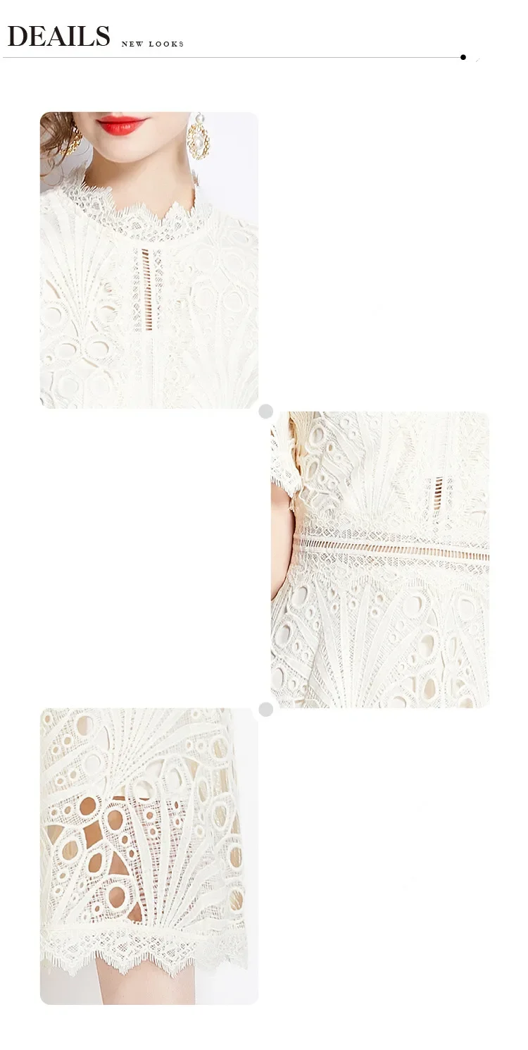 SMTHMA Vintage High-End O-Neck Short Sleeve Lace Hollow Out Dress For Women's Summer Slim Elegant Long Dress Female Clothing