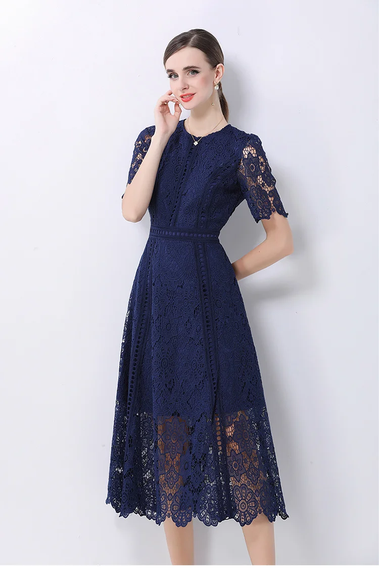 SMTHMA Vintage High-End O-Neck Short Sleeve Lace Hollow Out Dress For Women's Summer Slim Elegant Long Dress Female Clothing