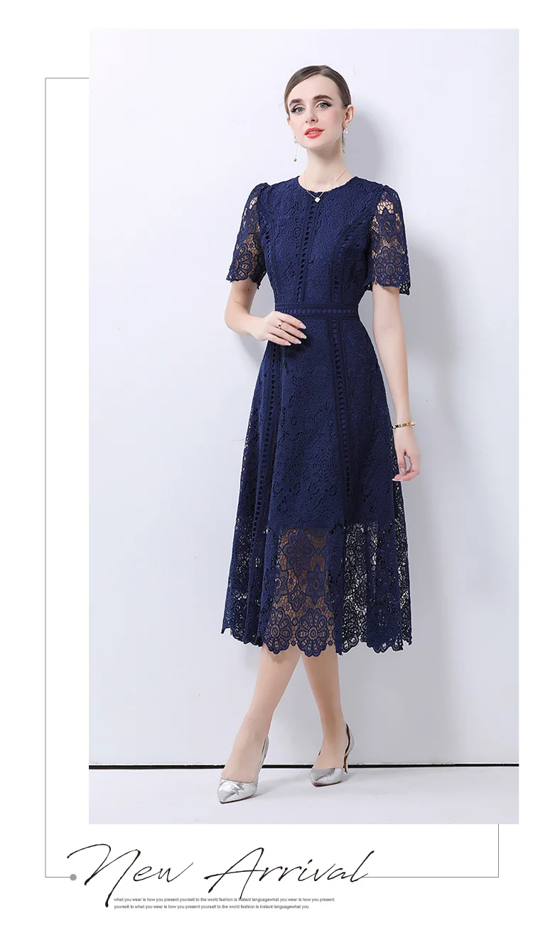 SMTHMA Vintage High-End O-Neck Short Sleeve Lace Hollow Out Dress For Women's Summer Slim Elegant Long Dress Female Clothing