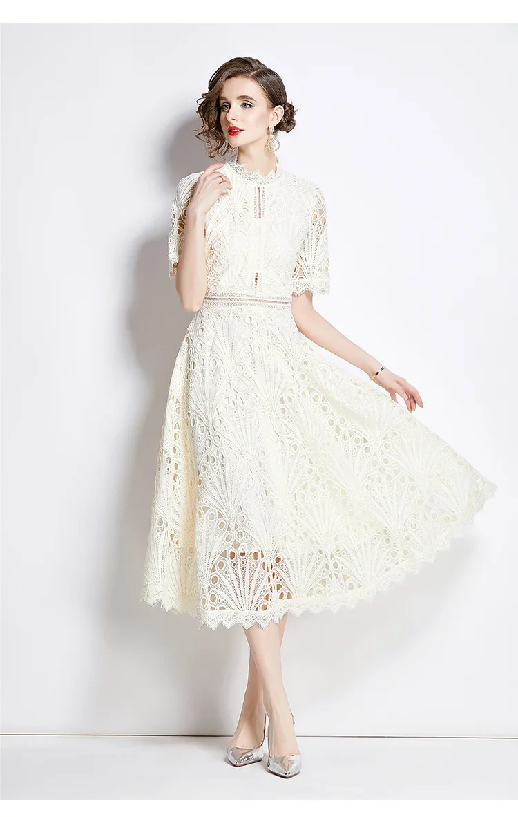 SMTHMA Vintage High-End O-Neck Short Sleeve Lace Hollow Out Dress For Women's Summer Slim Elegant Long Dress Female Clothing