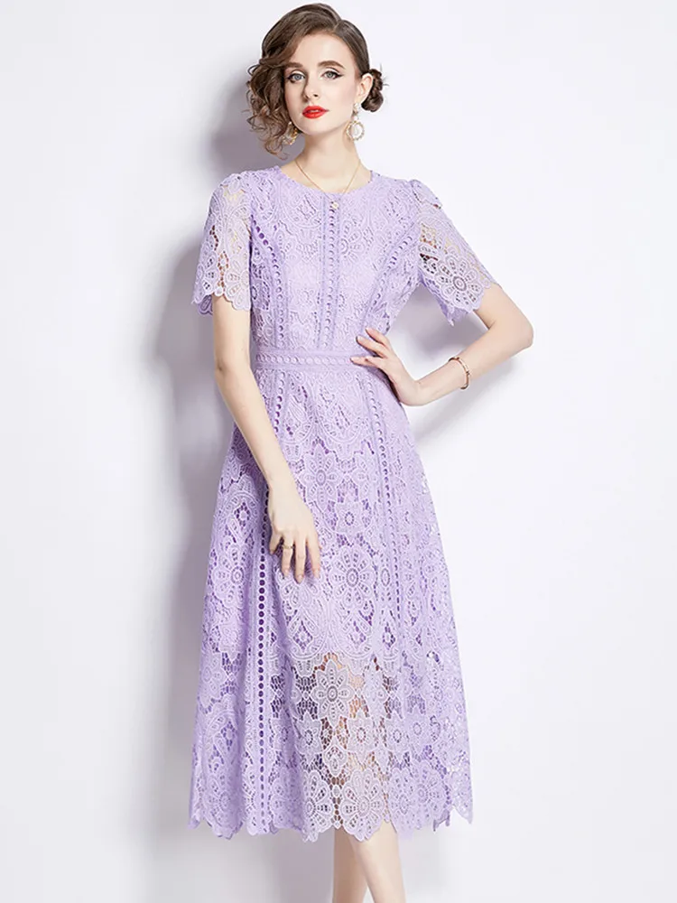 SMTHMA Vintage High-End O-Neck Short Sleeve Lace Hollow Out Dress For Women's Summer Slim Elegant Long Dress Female Clothing