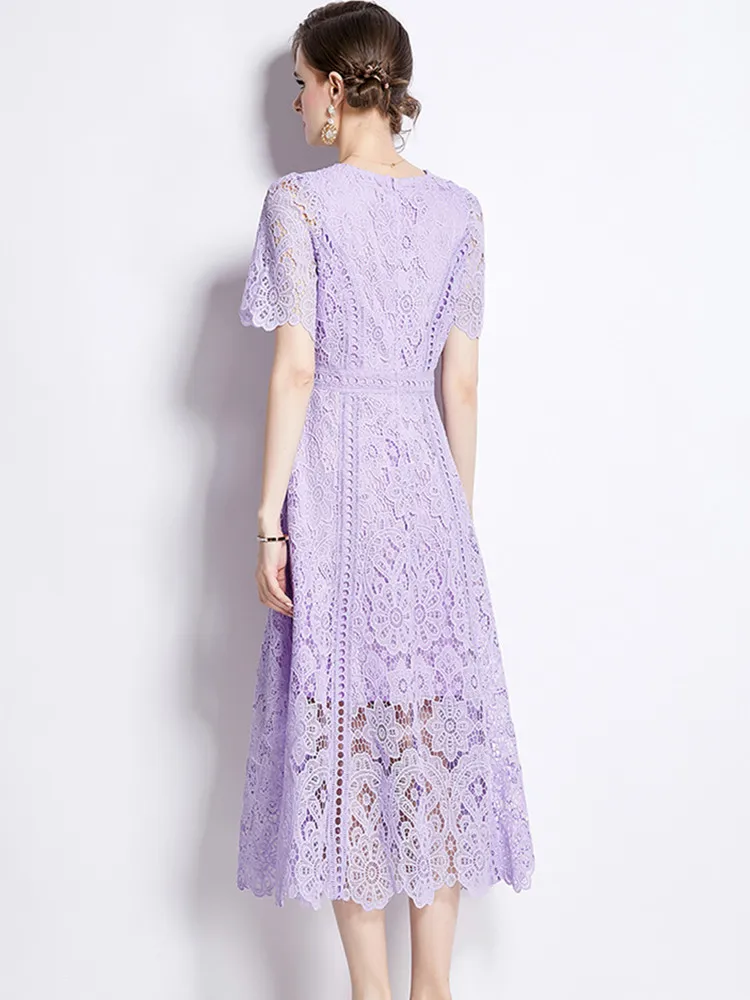 SMTHMA Vintage High-End O-Neck Short Sleeve Lace Hollow Out Dress For Women's Summer Slim Elegant Long Dress Female Clothing