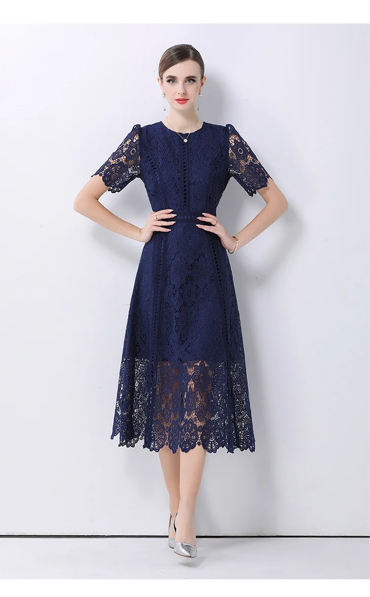 SMTHMA Vintage High-End O-Neck Short Sleeve Lace Hollow Out Dress For Women's Summer Slim Elegant Long Dress Female Clothing