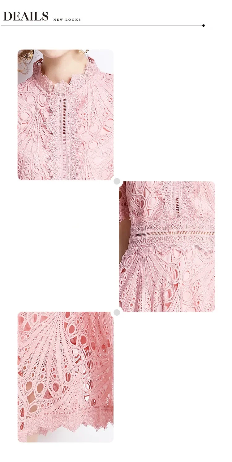 SMTHMA Vintage High-End O-Neck Short Sleeve Lace Hollow Out Dress For Women's Summer Slim Elegant Long Dress Female Clothing