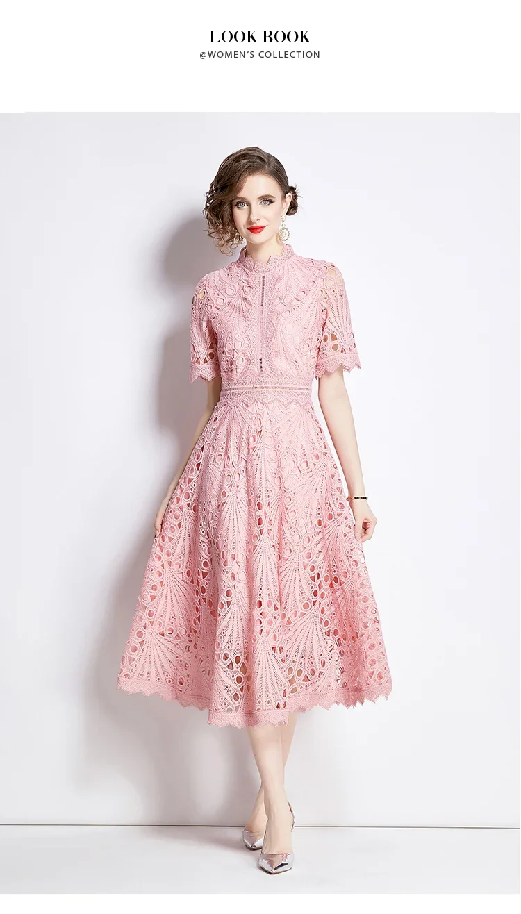 SMTHMA Vintage High-End O-Neck Short Sleeve Lace Hollow Out Dress For Women's Summer Slim Elegant Long Dress Female Clothing