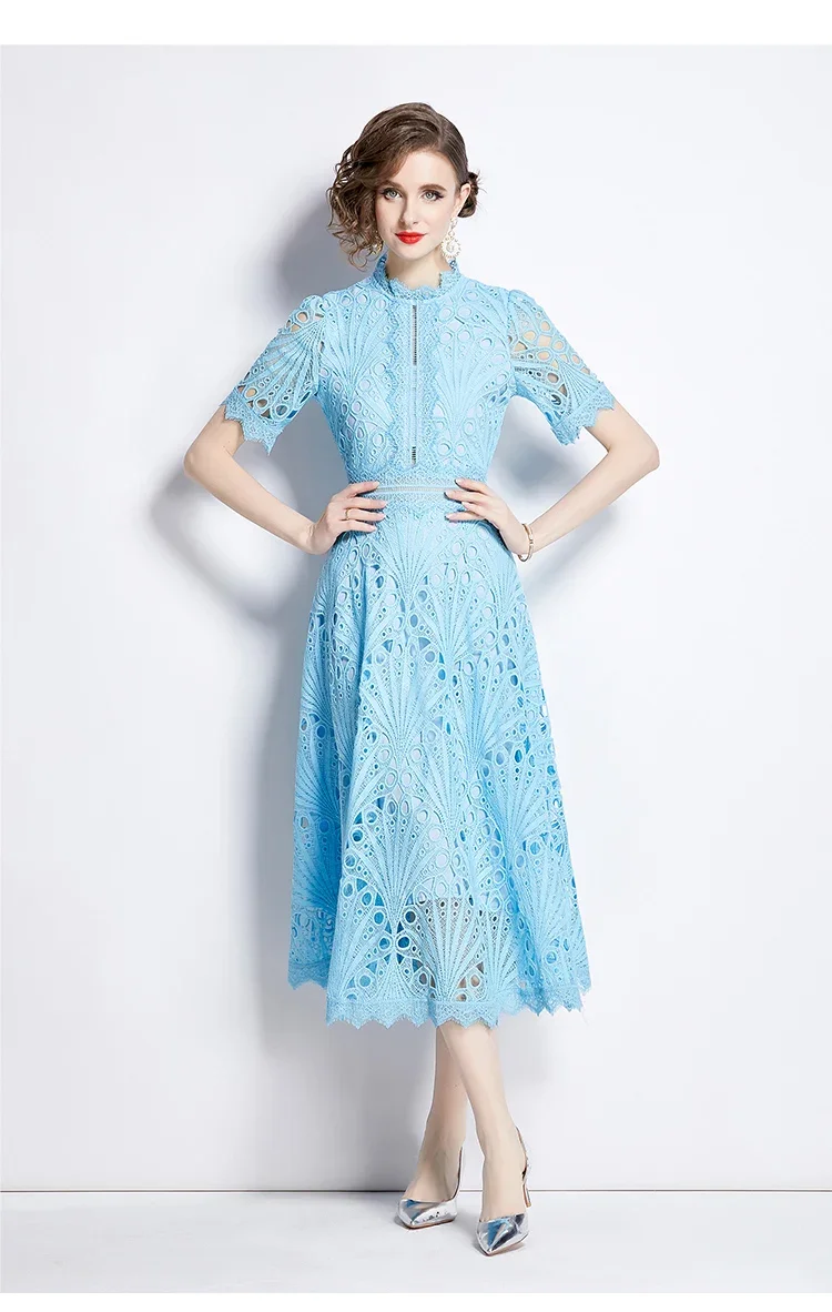 SMTHMA Vintage High-End O-Neck Short Sleeve Lace Hollow Out Dress For Women's Summer Slim Elegant Long Dress Female Clothing