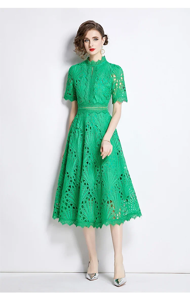 SMTHMA Vintage High-End O-Neck Short Sleeve Lace Hollow Out Dress For Women's Summer Slim Elegant Long Dress Female Clothing