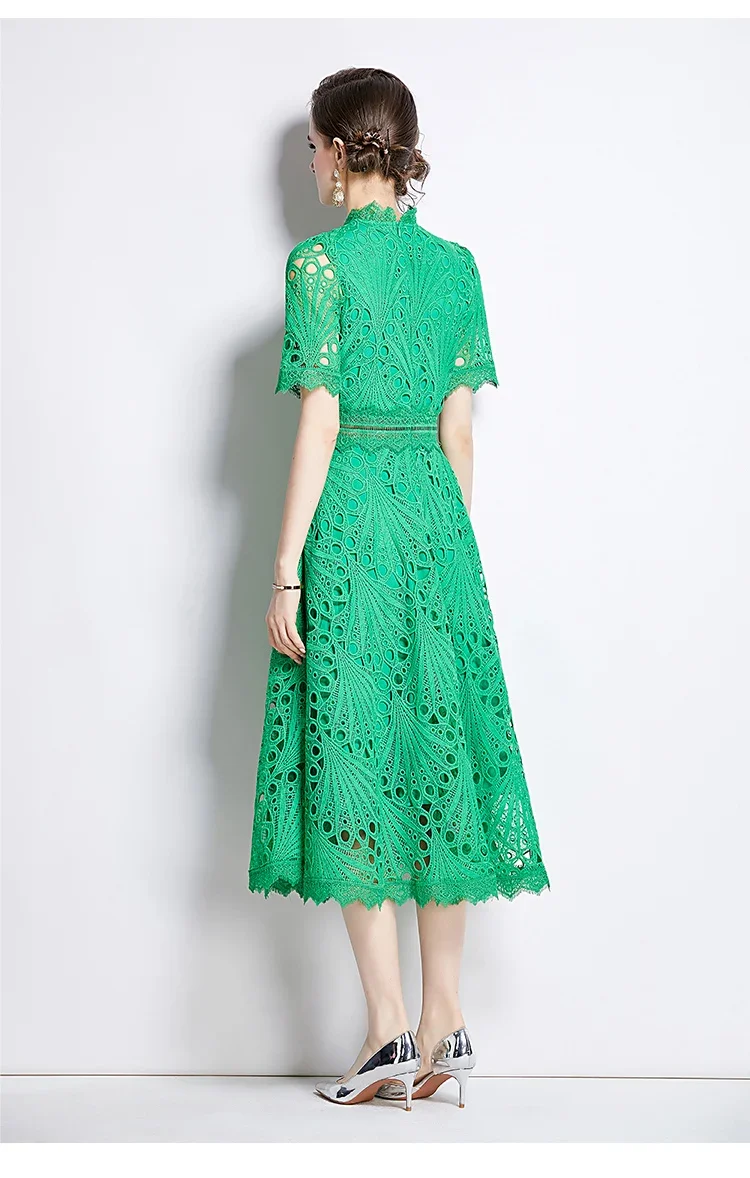 SMTHMA Vintage High-End O-Neck Short Sleeve Lace Hollow Out Dress For Women's Summer Slim Elegant Long Dress Female Clothing