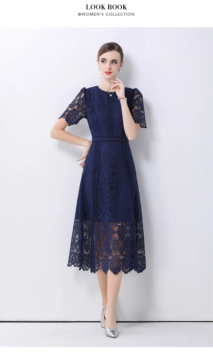 SMTHMA Vintage High-End O-Neck Short Sleeve Lace Hollow Out Dress For Women's Summer Slim Elegant Long Dress Female Clothing