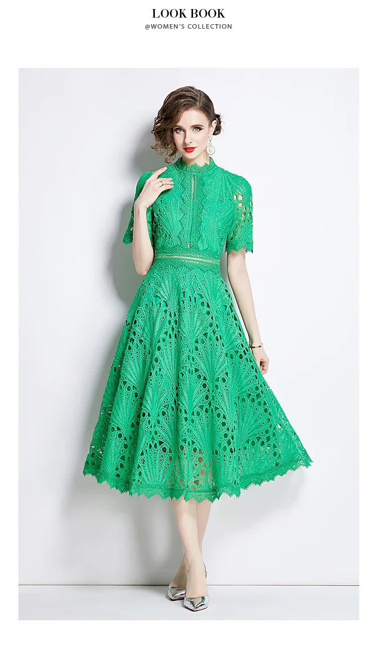 SMTHMA Vintage High-End O-Neck Short Sleeve Lace Hollow Out Dress For Women's Summer Slim Elegant Long Dress Female Clothing