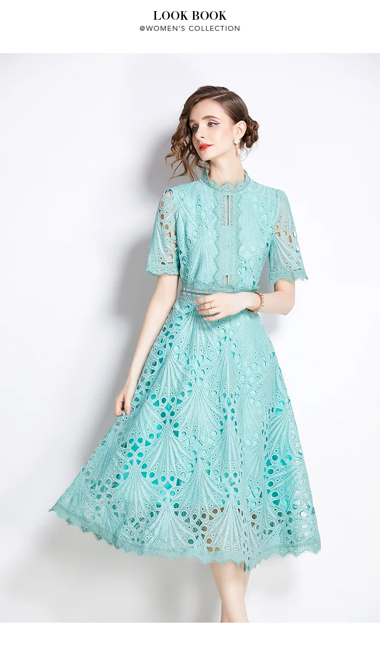 SMTHMA Vintage High-End O-Neck Short Sleeve Lace Hollow Out Dress For Women's Summer Slim Elegant Long Dress Female Clothing
