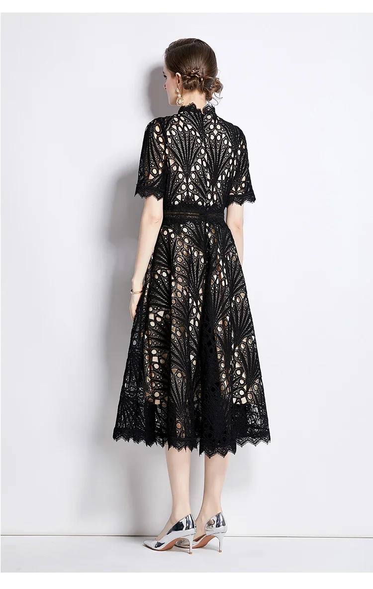 SMTHMA Vintage High-End O-Neck Short Sleeve Lace Hollow Out Dress For Women's Summer Slim Elegant Long Dress Female Clothing