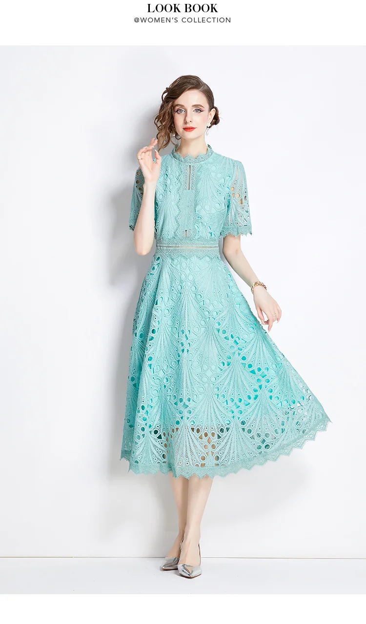 SMTHMA Vintage High-End O-Neck Short Sleeve Lace Hollow Out Dress For Women's Summer Slim Elegant Long Dress Female Clothing