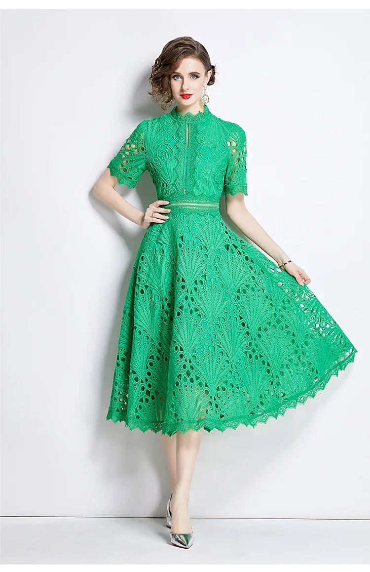SMTHMA Vintage High-End O-Neck Short Sleeve Lace Hollow Out Dress For Women's Summer Slim Elegant Long Dress Female Clothing
