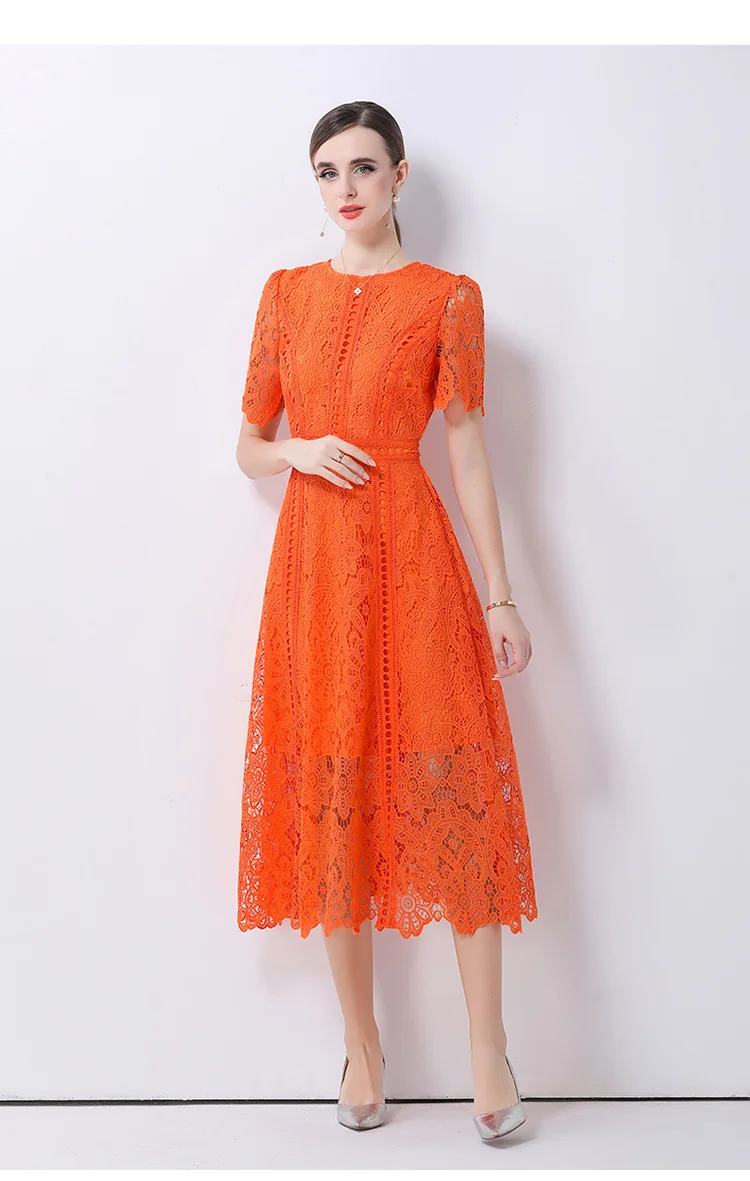 SMTHMA Vintage High-End O-Neck Short Sleeve Lace Hollow Out Dress For Women's Summer Slim Elegant Long Dress Female Clothing
