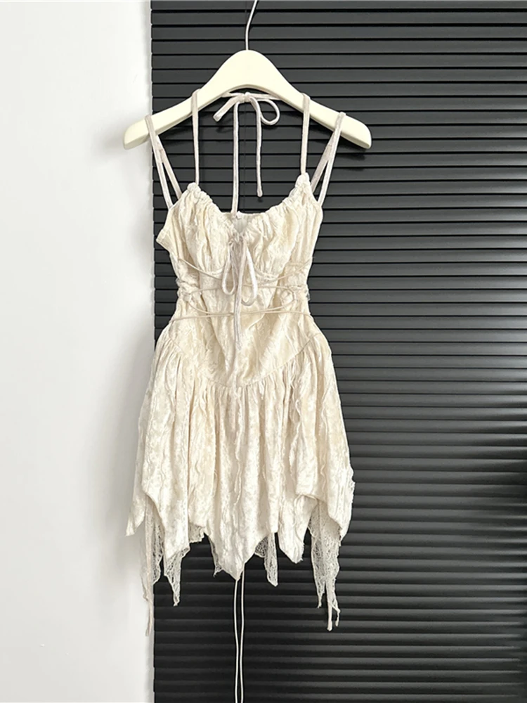 Fashion Irregular V-Neck Women Slim Suspender One-Piece Summer A-Line Tie Up Gothic Y2K Pleated Female Dress Bandage Design Chic