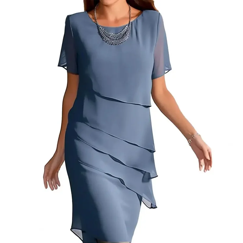New Women's Dress O-neck Short-sleeved Ruffle Elegant Solid Color Simple Fashiona Midi Skirt