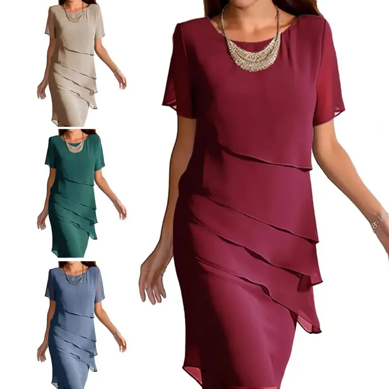 New Women's Dress O-neck Short-sleeved Ruffle Elegant Solid Color Simple Fashiona Midi Skirt