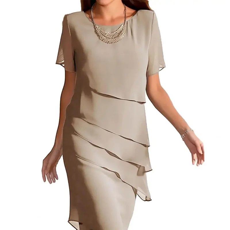 New Women's Dress O-neck Short-sleeved Ruffle Elegant Solid Color Simple Fashiona Midi Skirt