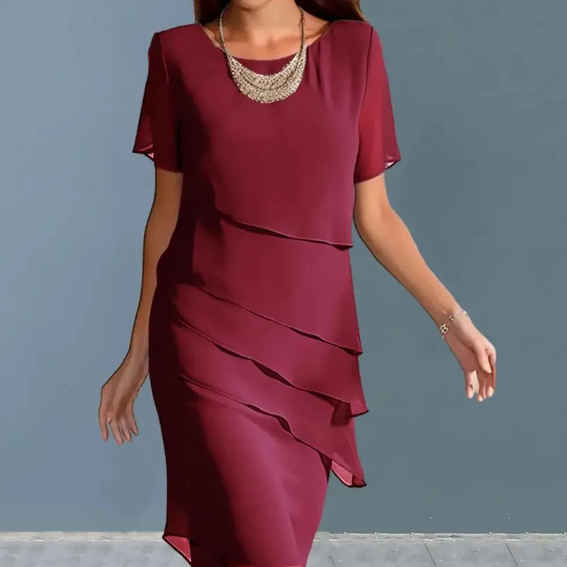 New Women's Dress O-neck Short-sleeved Ruffle Elegant Solid Color Simple Fashiona Midi Skirt
