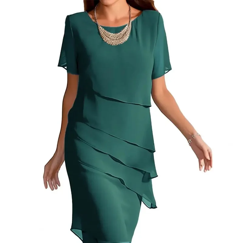 New Women's Dress O-neck Short-sleeved Ruffle Elegant Solid Color Simple Fashiona Midi Skirt