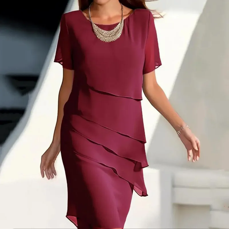 New Women's Dress O-neck Short-sleeved Ruffle Elegant Solid Color Simple Fashiona Midi Skirt