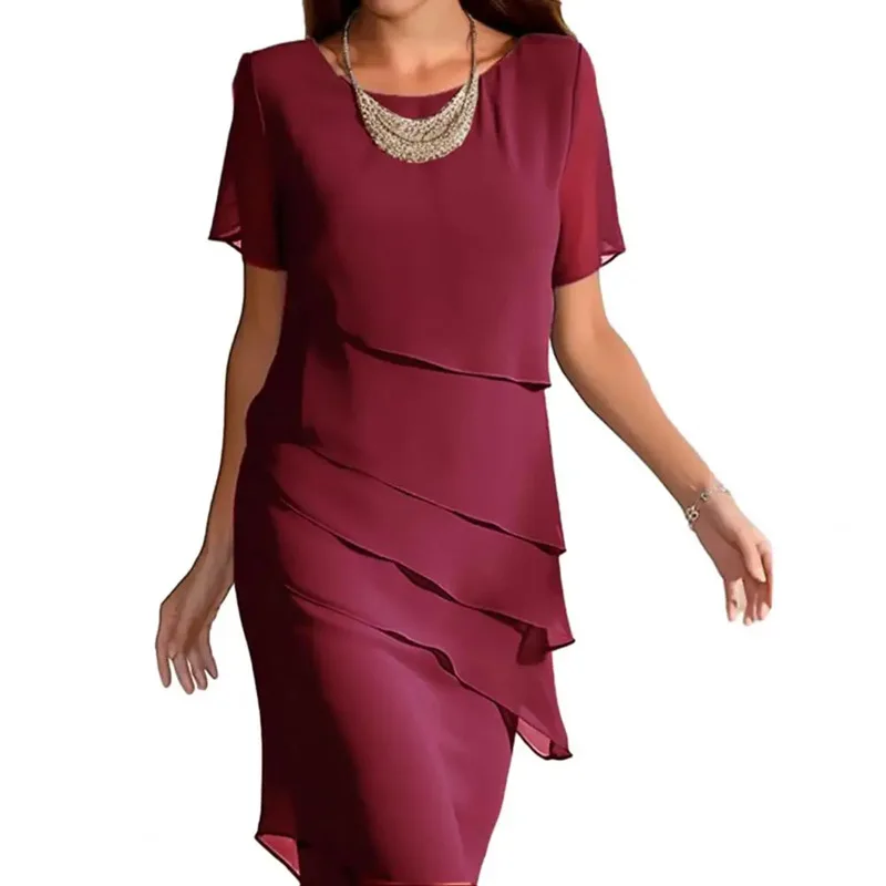 New Women's Dress O-neck Short-sleeved Ruffle Elegant Solid Color Simple Fashiona Midi Skirt