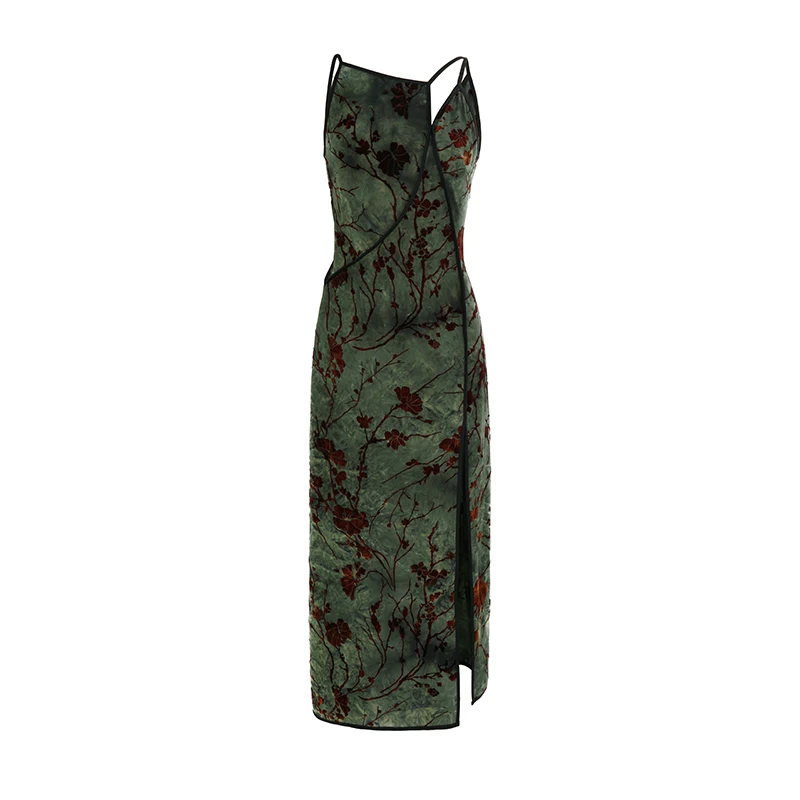 CHEERART Flocking Floral Green Vintage Long Dresses Woman Cheongsam Summer Backless A Line Side Split Midi Slip Dress Designer