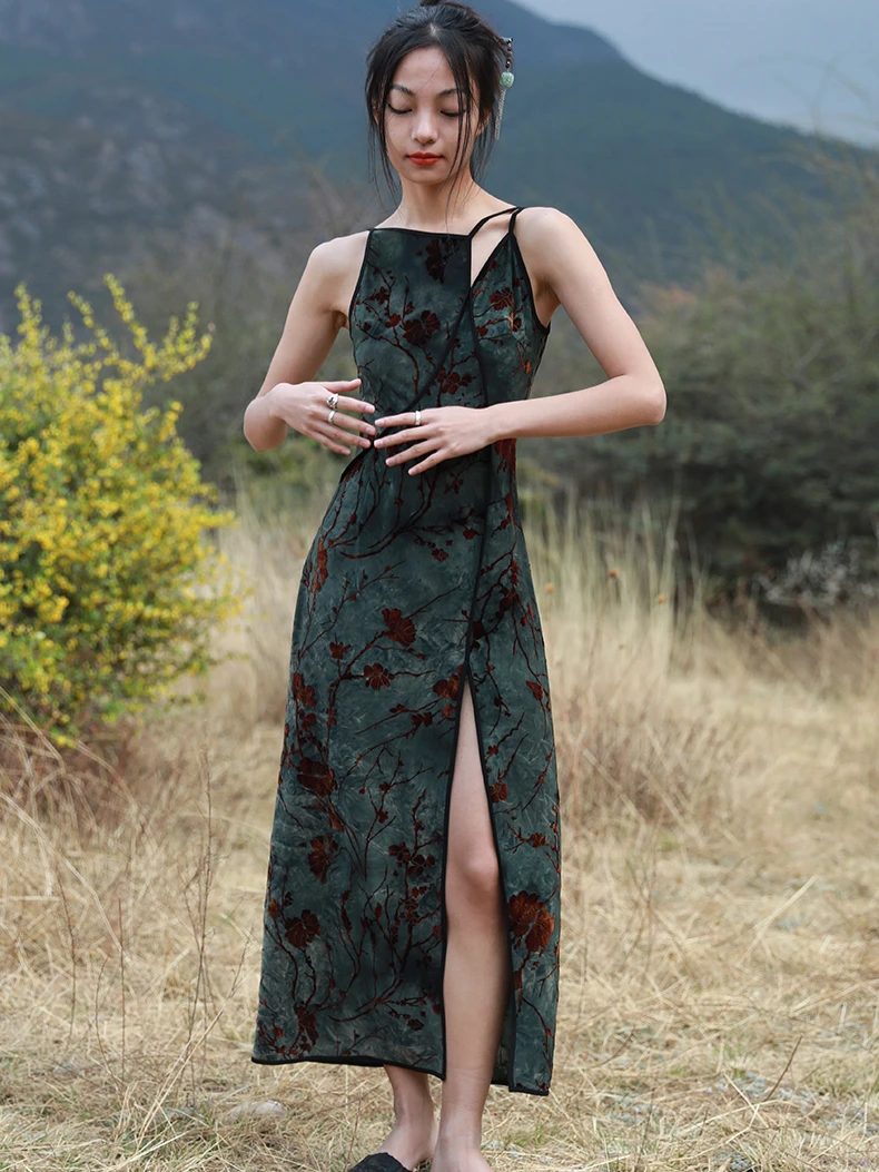 CHEERART Flocking Floral Green Vintage Long Dresses Woman Cheongsam Summer Backless A Line Side Split Midi Slip Dress Designer