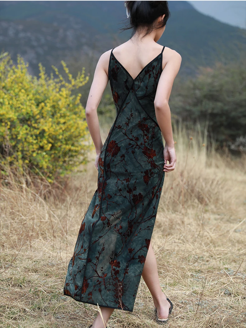CHEERART Flocking Floral Green Vintage Long Dresses Woman Cheongsam Summer Backless A Line Side Split Midi Slip Dress Designer