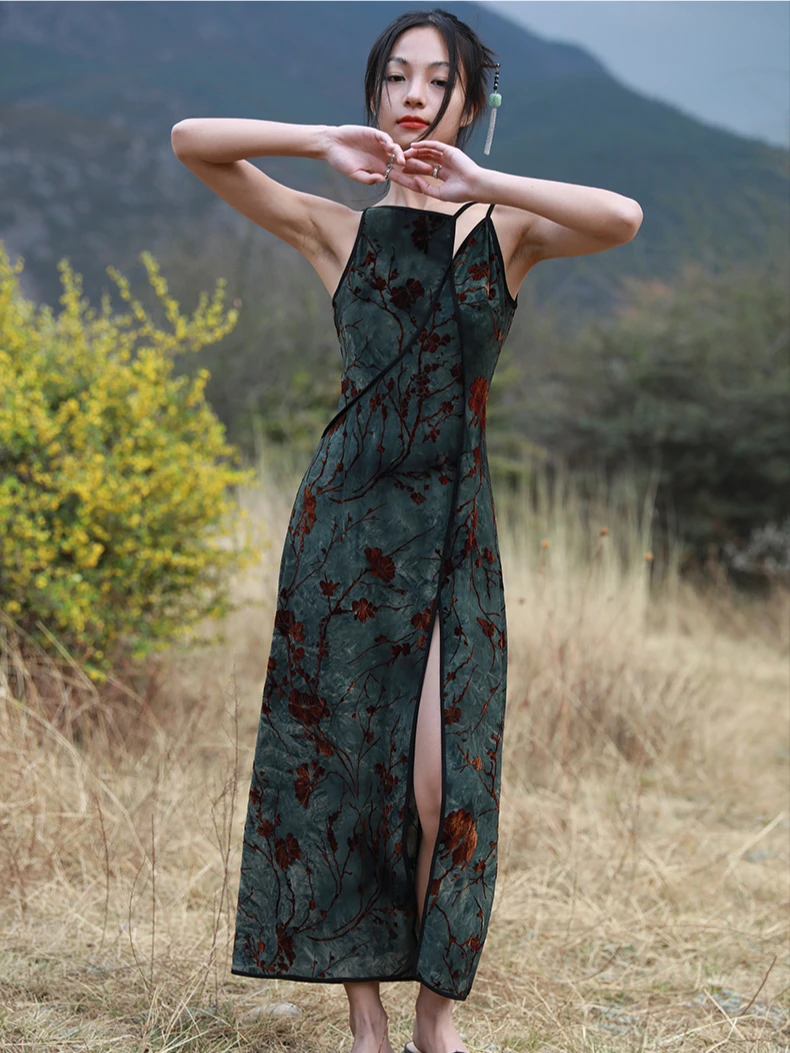 CHEERART Flocking Floral Green Vintage Long Dresses Woman Cheongsam Summer Backless A Line Side Split Midi Slip Dress Designer