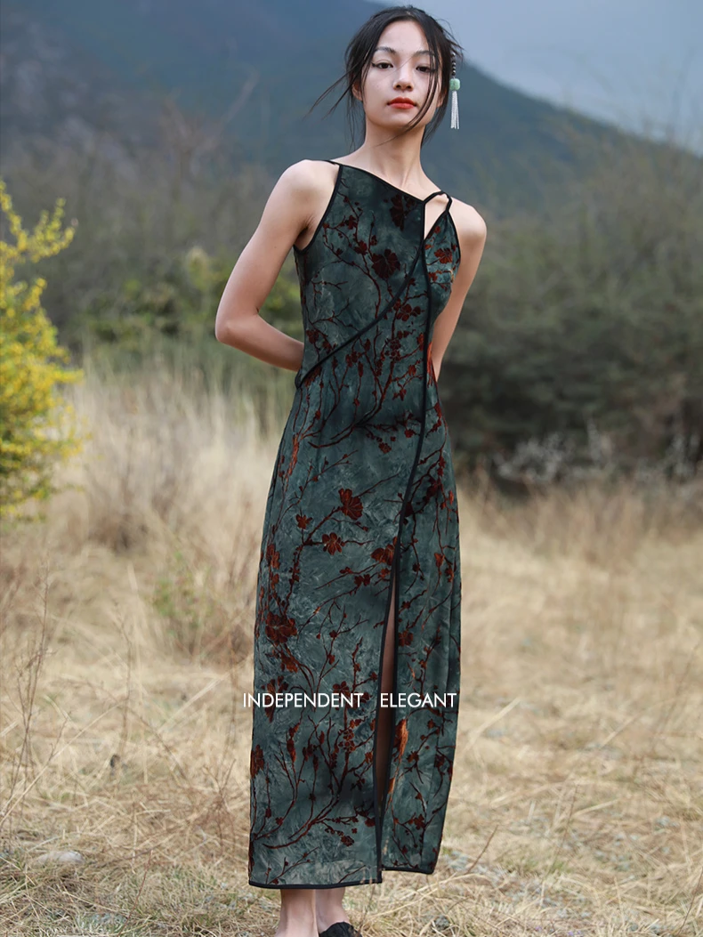 CHEERART Flocking Floral Green Vintage Long Dresses Woman Cheongsam Summer Backless A Line Side Split Midi Slip Dress Designer