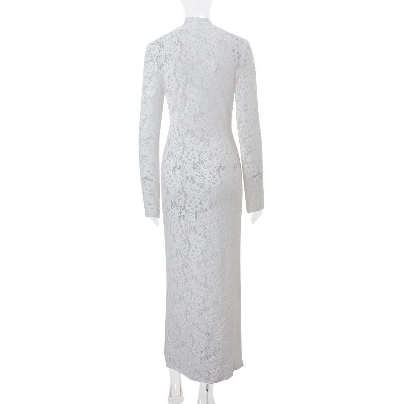Cryptographic Hollow Out Lace Sheer Draped Maxi Dress for Women Sexy Bandage Lace Up Split Long Sleeve Dresses Coquette Vestido