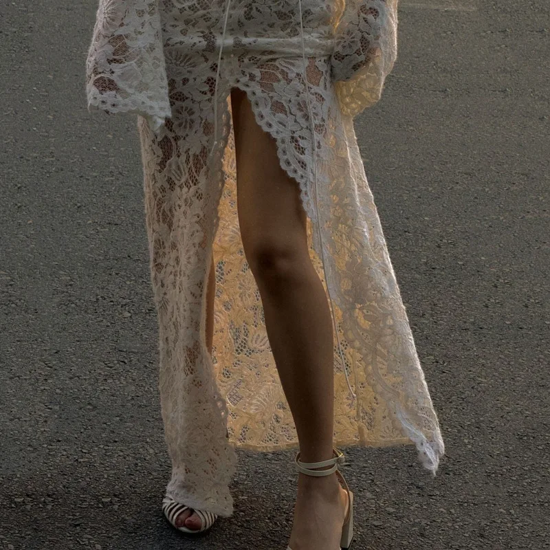 Cryptographic Hollow Out Lace Sheer Draped Maxi Dress for Women Sexy Bandage Lace Up Split Long Sleeve Dresses Coquette Vestido