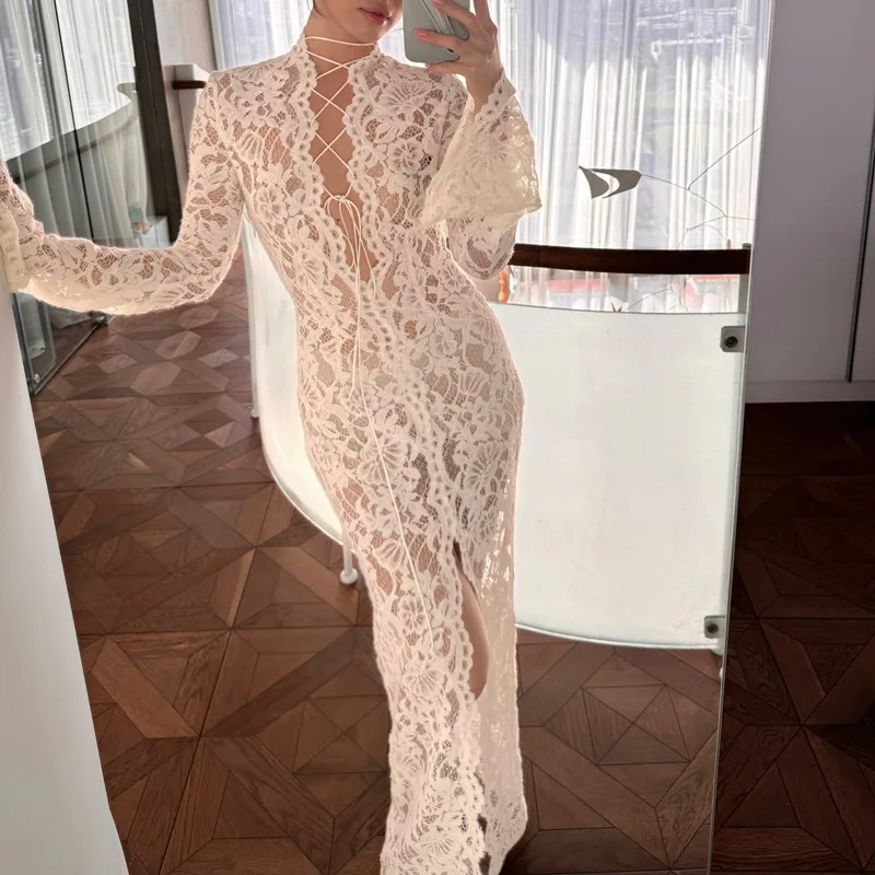 Cryptographic Hollow Out Lace Sheer Draped Maxi Dress for Women Sexy Bandage Lace Up Split Long Sleeve Dresses Coquette Vestido