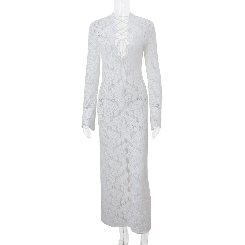 Cryptographic Hollow Out Lace Sheer Draped Maxi Dress for Women Sexy Bandage Lace Up Split Long Sleeve Dresses Coquette Vestido