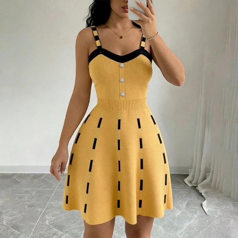 Button Front Knit Sweater Dress Women's Contrast Strap V-Neck A-Line Midi Skater Dress Casual Summer Daily Party Knitted Dress