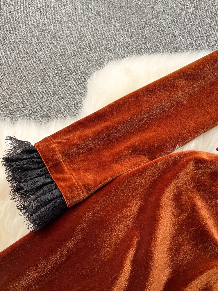 Autumn Winter Luxury Velvet Dress Women Clothing Notched Lion Metal Buttons Split Letter Belt Thick Velour Long Party Vestidos