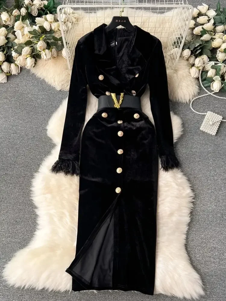 Autumn Winter Luxury Velvet Dress Women Clothing Notched Lion Metal Buttons Split Letter Belt Thick Velour Long Party Vestidos