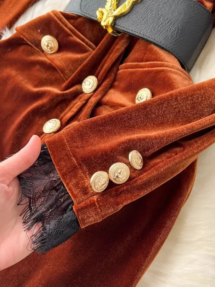 Autumn Winter Luxury Velvet Dress Women Clothing Notched Lion Metal Buttons Split Letter Belt Thick Velour Long Party Vestidos