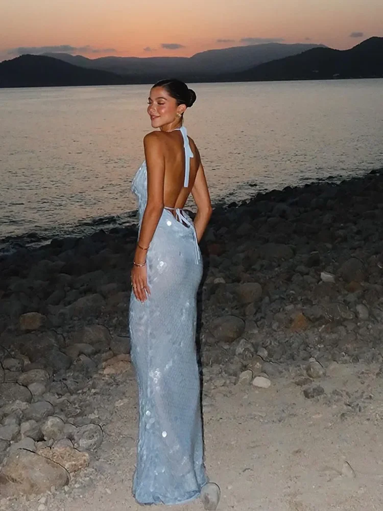 Big Sequin Fish Tail Dress Halter Sexy Glitter Backless Hanging Neck Beach Long Dresses Lace Up Slim Fit Women Robes Summer New