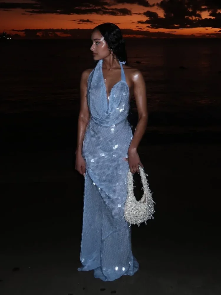 Big Sequin Fish Tail Dress Halter Sexy Glitter Backless Hanging Neck Beach Long Dresses Lace Up Slim Fit Women Robes Summer New