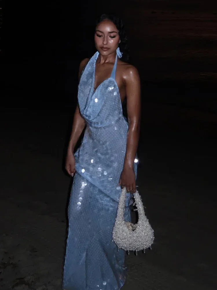 Big Sequin Fish Tail Dress Halter Sexy Glitter Backless Hanging Neck Beach Long Dresses Lace Up Slim Fit Women Robes Summer New