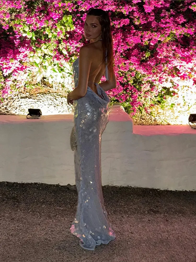 Big Sequin Fish Tail Dress Halter Sexy Glitter Backless Hanging Neck Beach Long Dresses Lace Up Slim Fit Women Robes Summer New