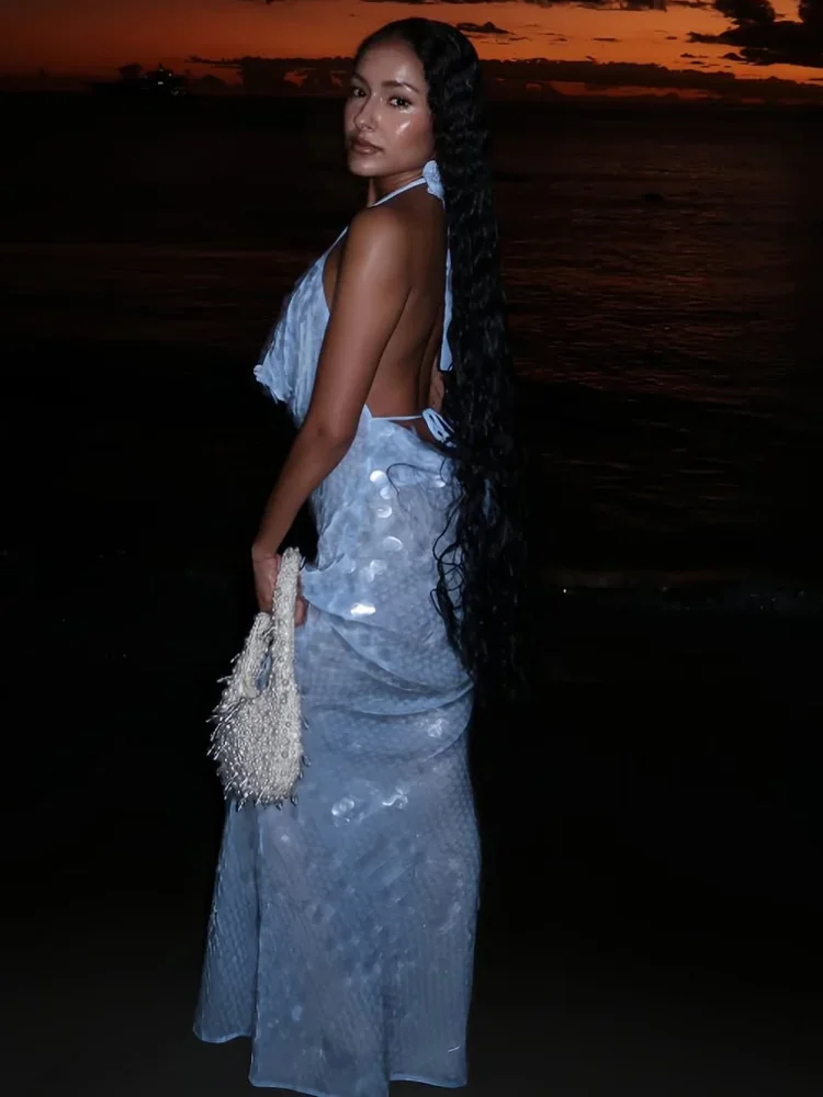 Big Sequin Fish Tail Dress Halter Sexy Glitter Backless Hanging Neck Beach Long Dresses Lace Up Slim Fit Women Robes Summer New