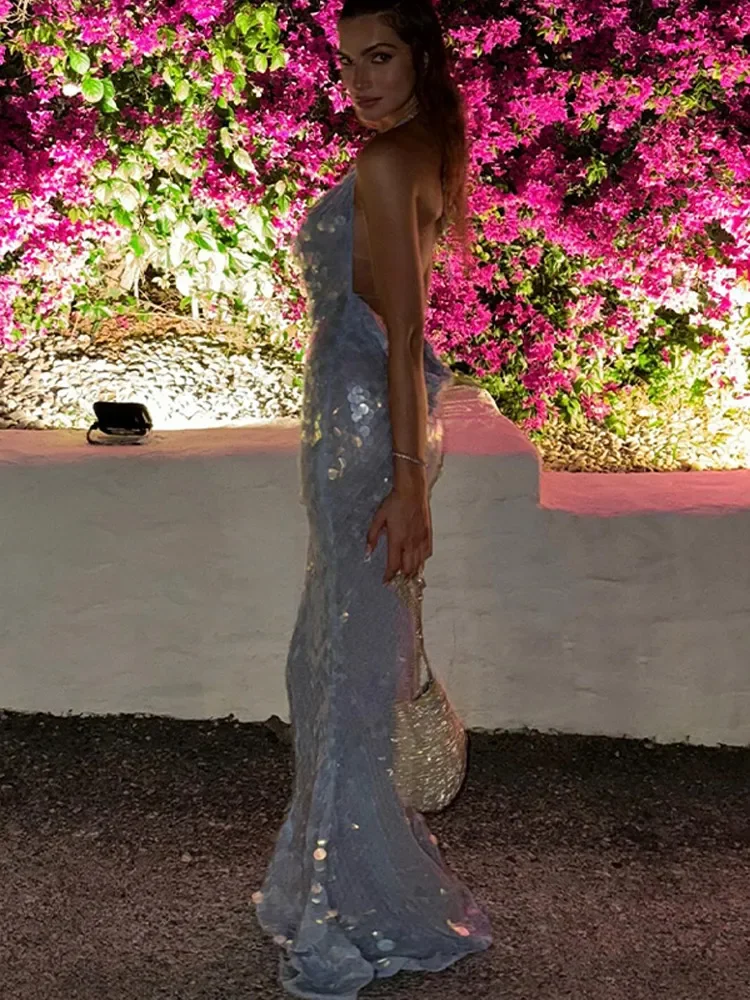 Big Sequin Fish Tail Dress Halter Sexy Glitter Backless Hanging Neck Beach Long Dresses Lace Up Slim Fit Women Robes Summer New