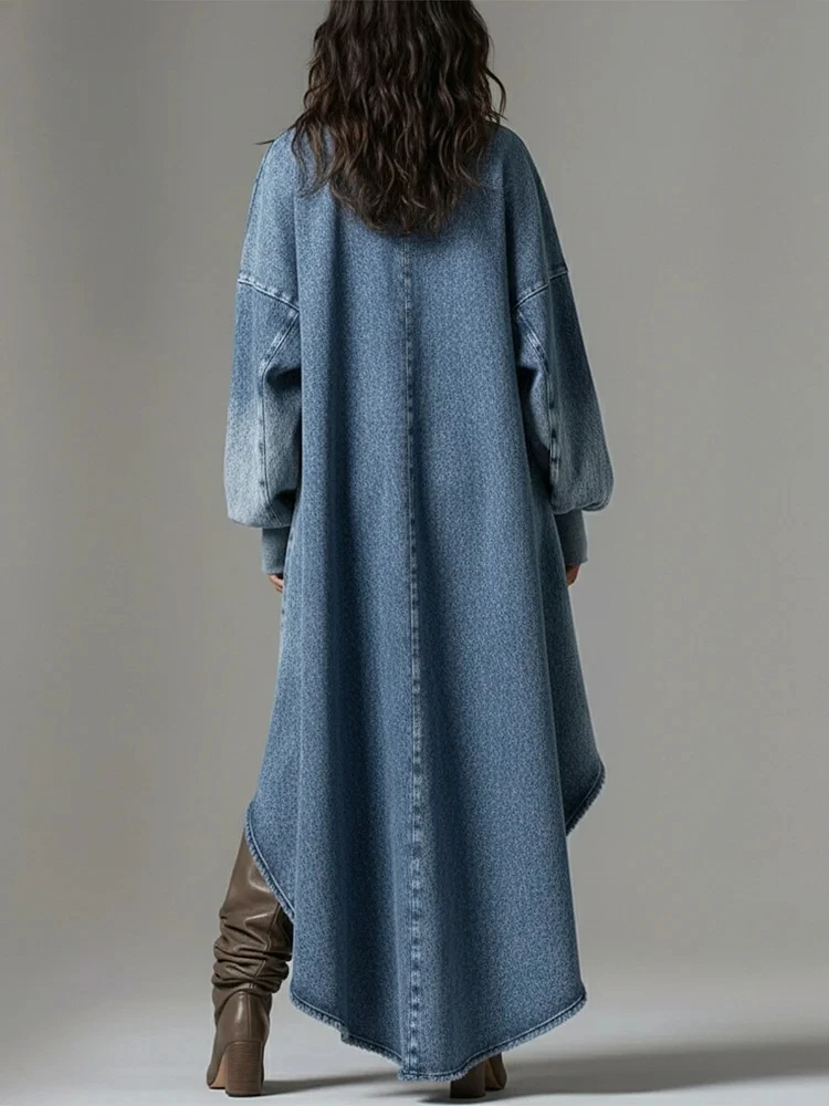 Fashion Casual V Neck Denim Dress Woman Elegant Lantern Sleeve Long Sleeve High Low Irregular Hem Mini Dresses