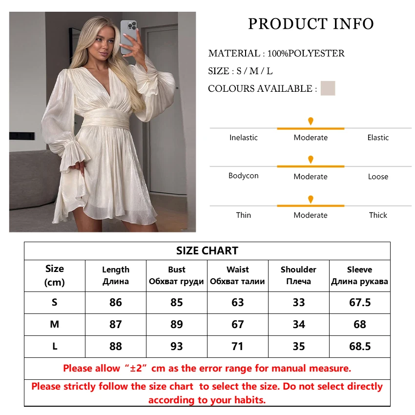 TTQV Sexy Loose Beige Women's Dress 2026 Fashion V-Neck Long Sleeve Mini Dresses Elegant Classic High Waist Pleated Female Dress