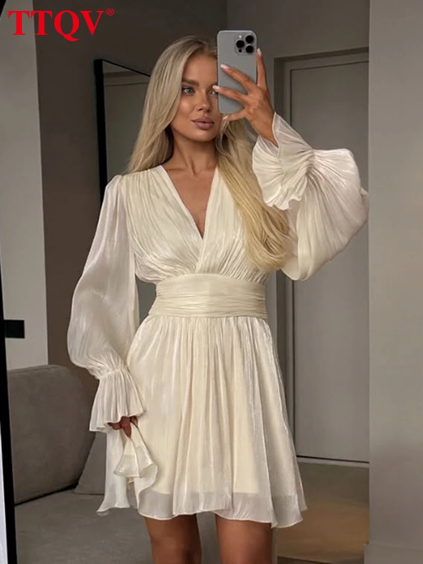 TTQV Sexy Loose Beige Women's Dress 2026 Fashion V-Neck Long Sleeve Mini Dresses Elegant Classic High Waist Pleated Female Dress